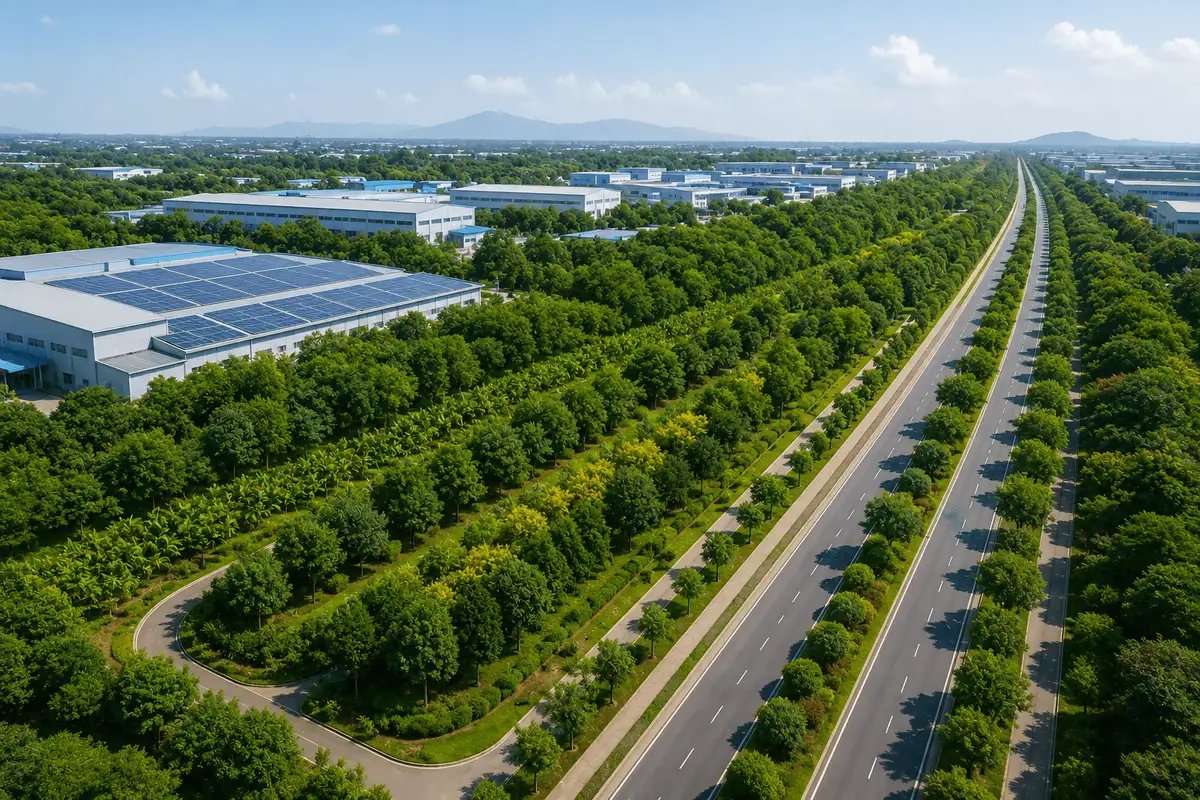 Industrial campus surrounded by extensive green belts and tree-lined roads, illustrating sustainable industrial landscaping and environmental restoration.